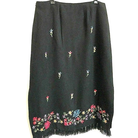 Vintage Black Midi Skirt XL Crewel Floral Embroidery Border Fringed Hem - Picture 8 of 8
